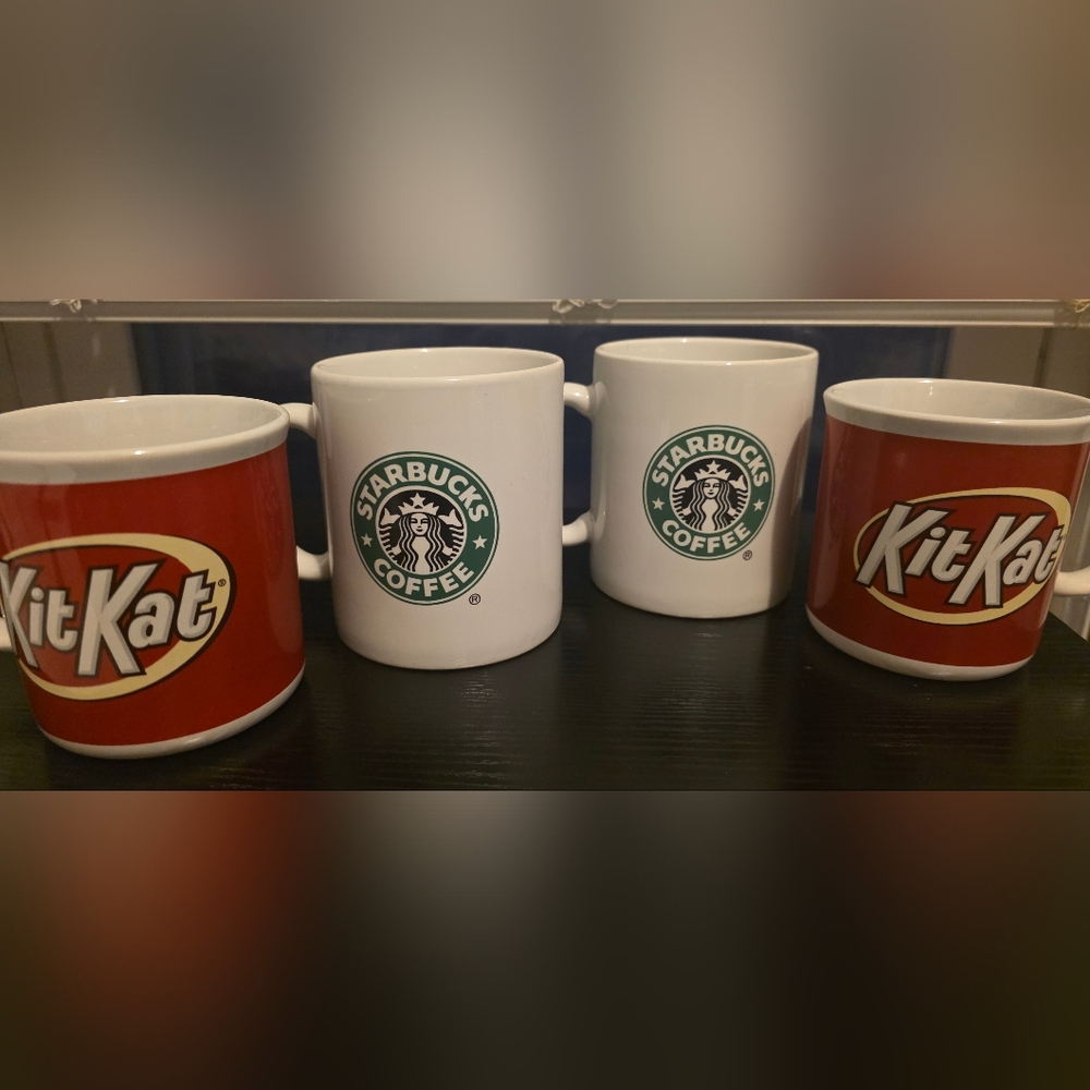 2 Starbucks White Coffee Mugs & 2 KitKat Coffee Mugs
